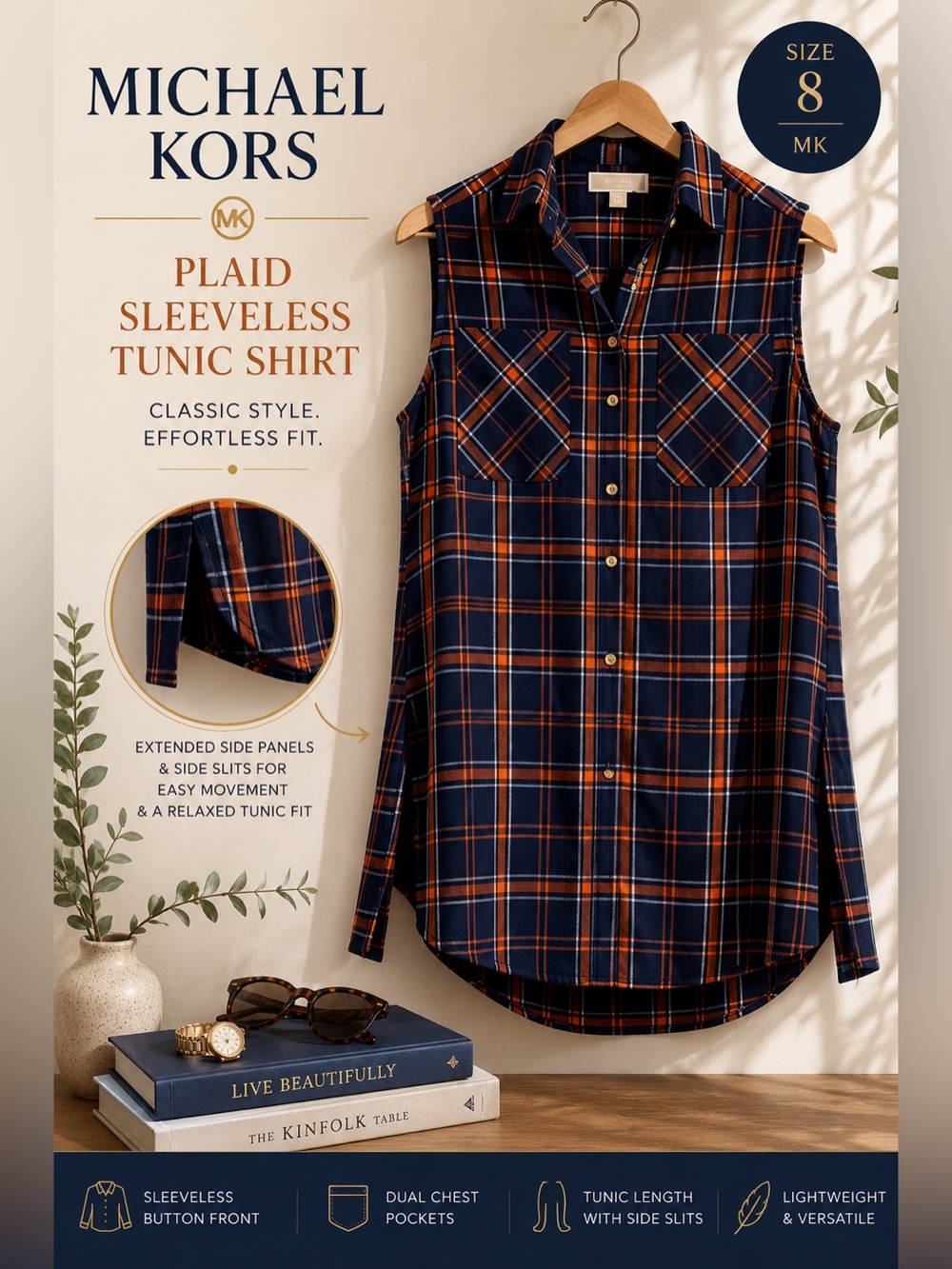 Michael Kors Plaid Sleeveless Tunic Shirt Size 8